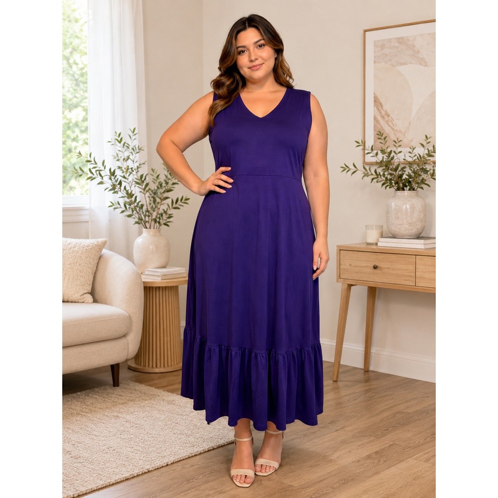 Purple Maxi Dress XL Sleeveless V Neck Flowy Tiered Hem Modest Elegant